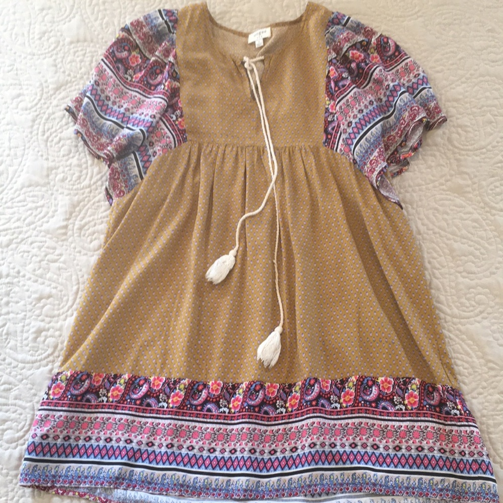 Umgee Mixed Print Babydoll Boho Tunic Dress S